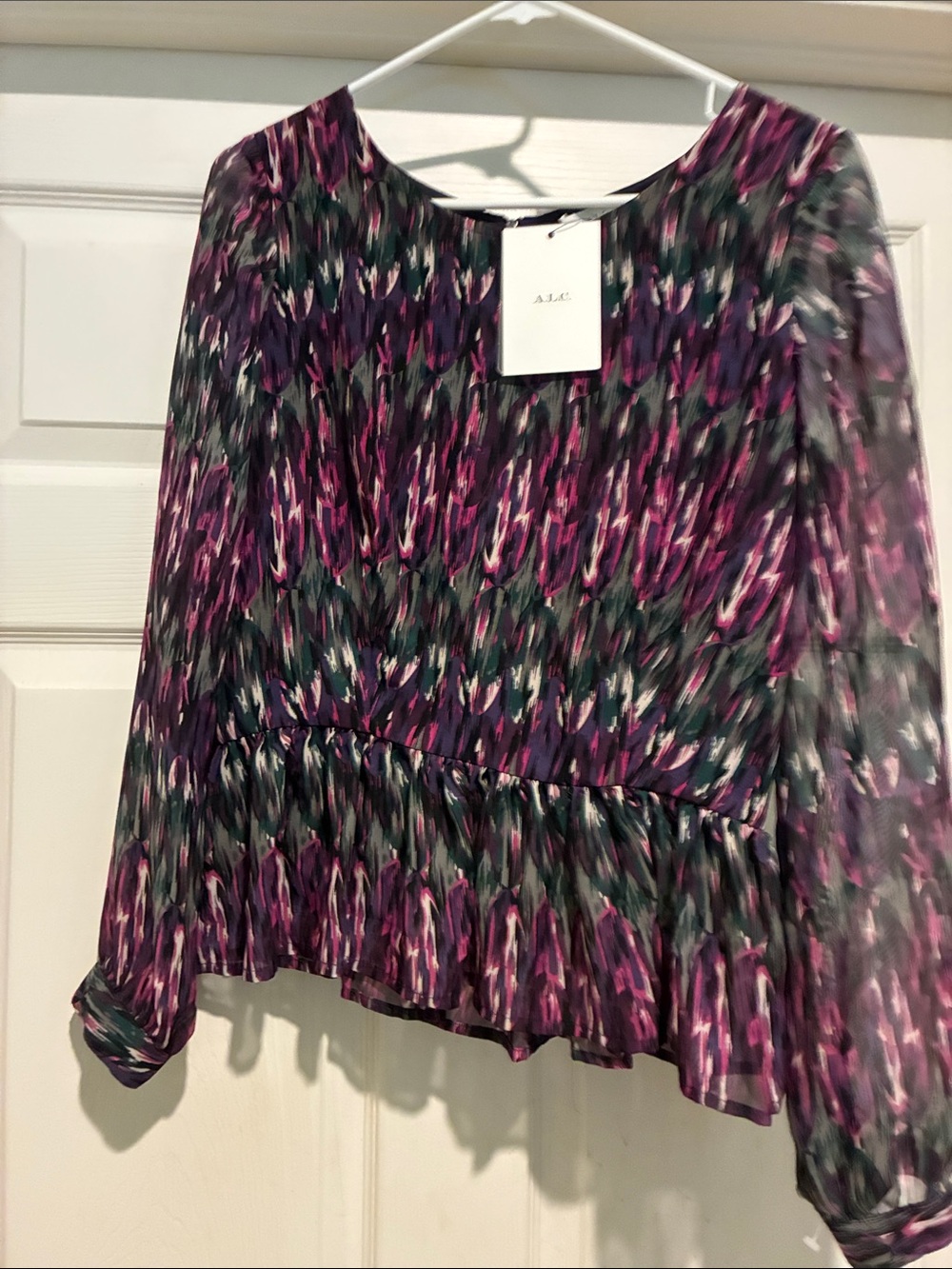 A.L.C. Purple, Black and Green Ikat-Print Long-Sleeve Peplum Blouse